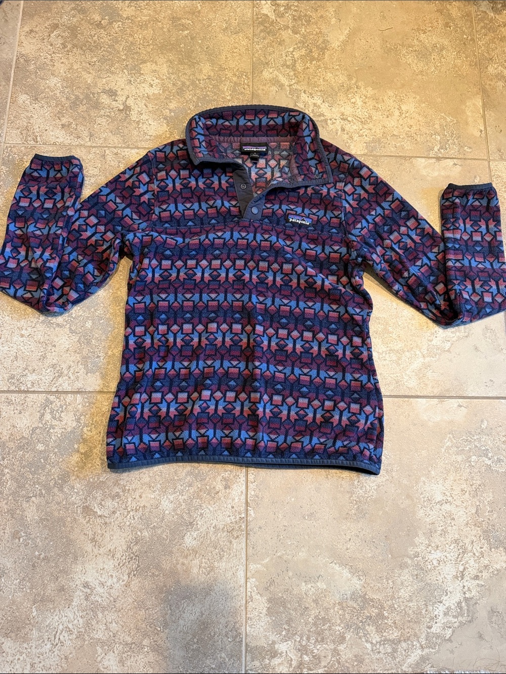 Patagonia Women’s Zip-Up Fleece in Blue & Purple Geometric Print